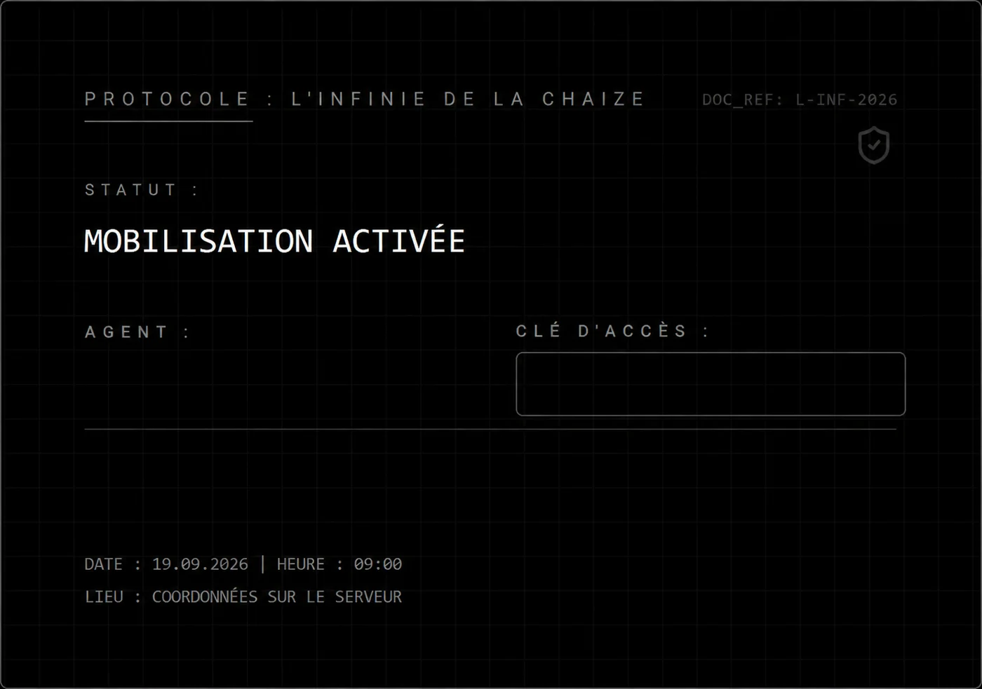 Verso de l’invitation, champs d’accès laissés vierges pour la publication.