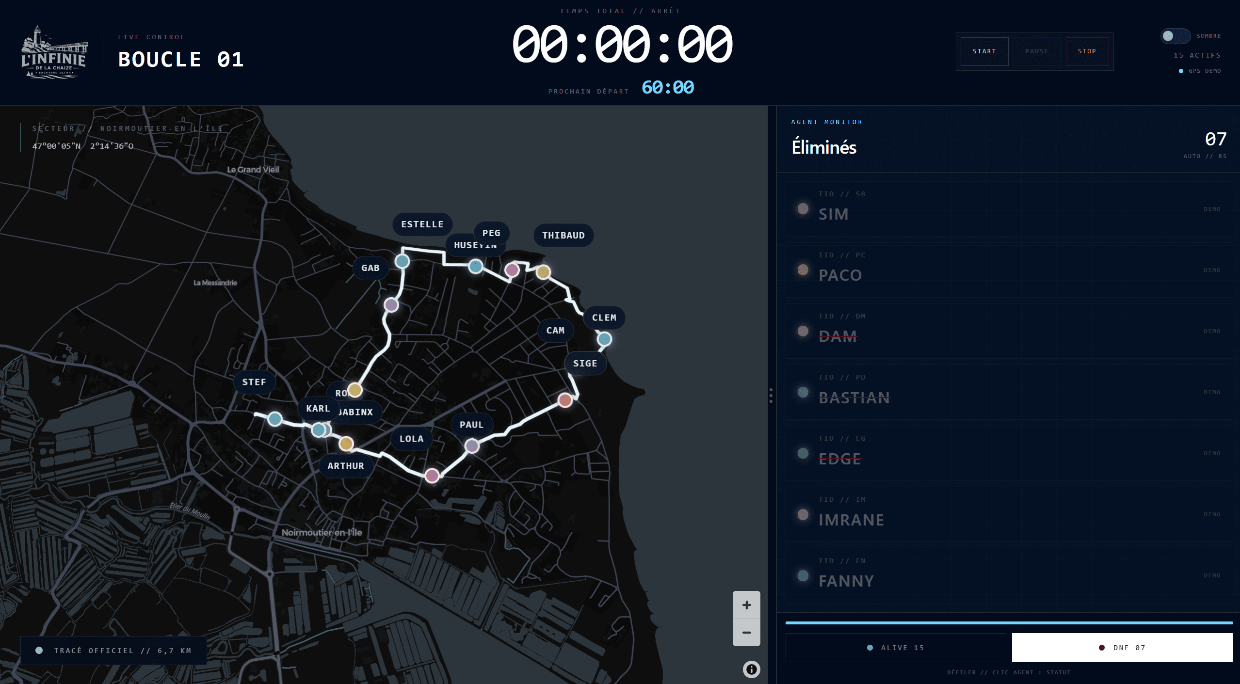 Tableau de bord du suivi live, thème sombre, carte du parcours et état des coureurs.