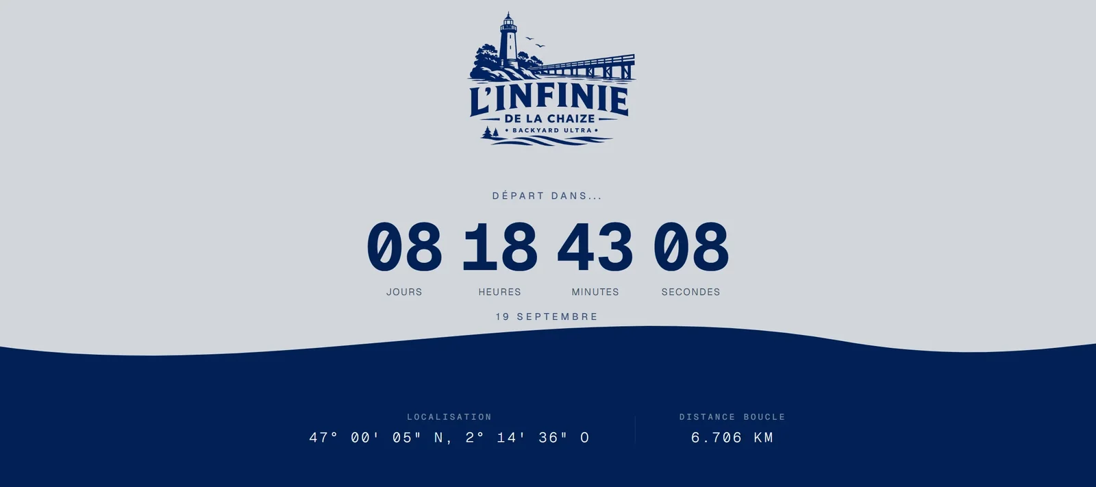 Page d’accueil du site affichant le compte à rebours avant le départ et les coordonnées du parcours.