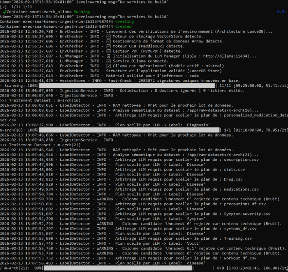 Terminal affichant l’exécution du pipeline d’ingestion en conteneur Docker : vérification de l’environnement, détection de LanceDB et d’Ollama, scan des jeux de données et arbitrage LLM pour le mapping des colonnes.