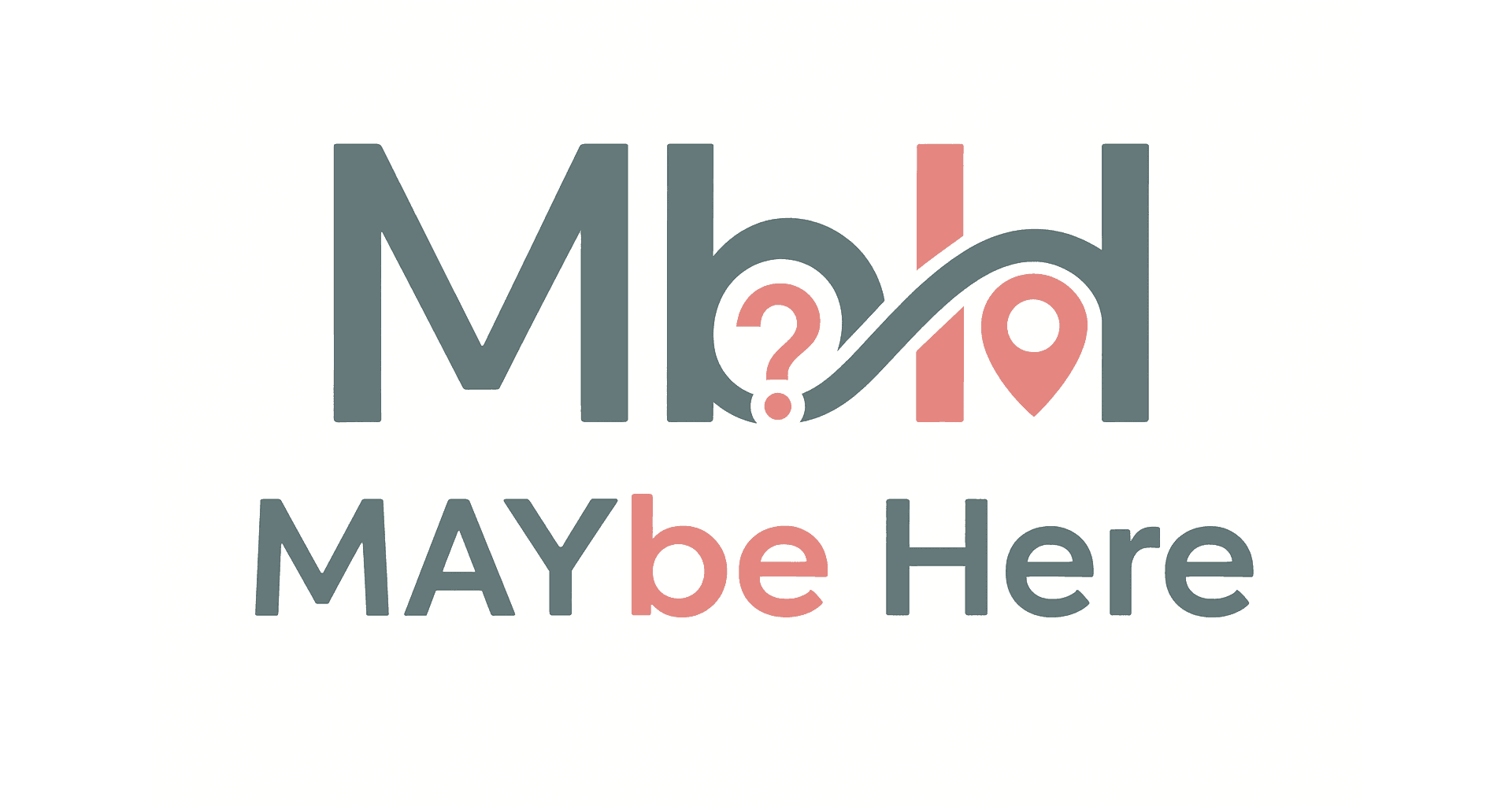Logo de MAYbe Here : les initiales « Mb?H » stylisées avec un point d’interrogation et un repère de localisation, suivies du nom complet « MAYbe Here ».