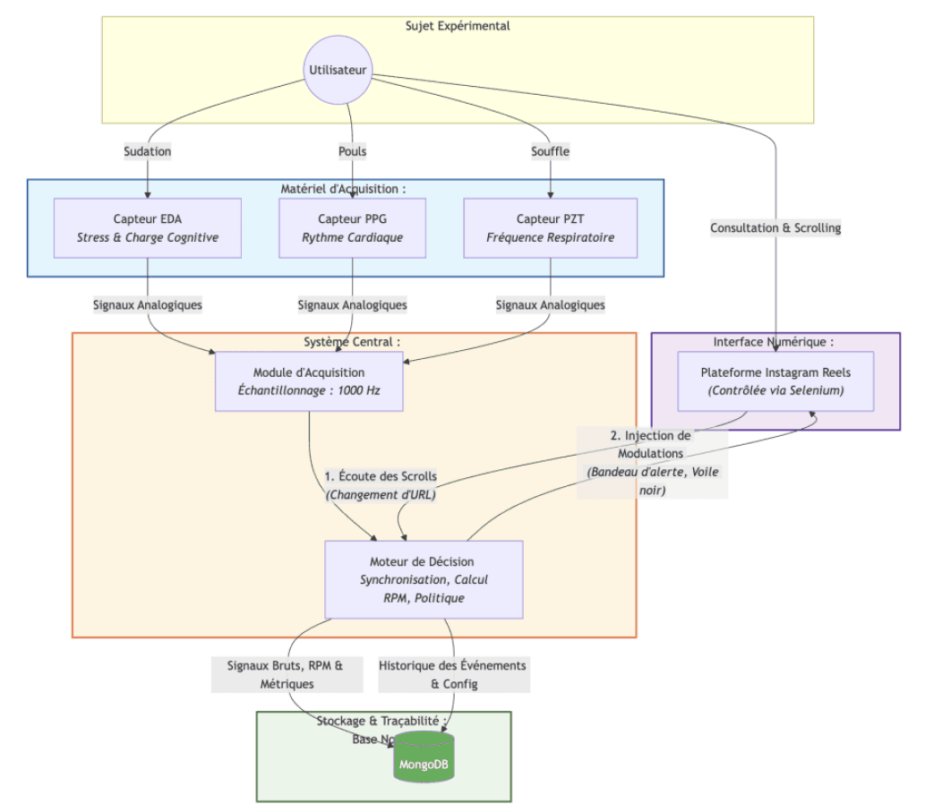 Schéma d’architecture du système NeuroSteady, reliant acquisition physiologique, suivi comportemental et moteur de décision.