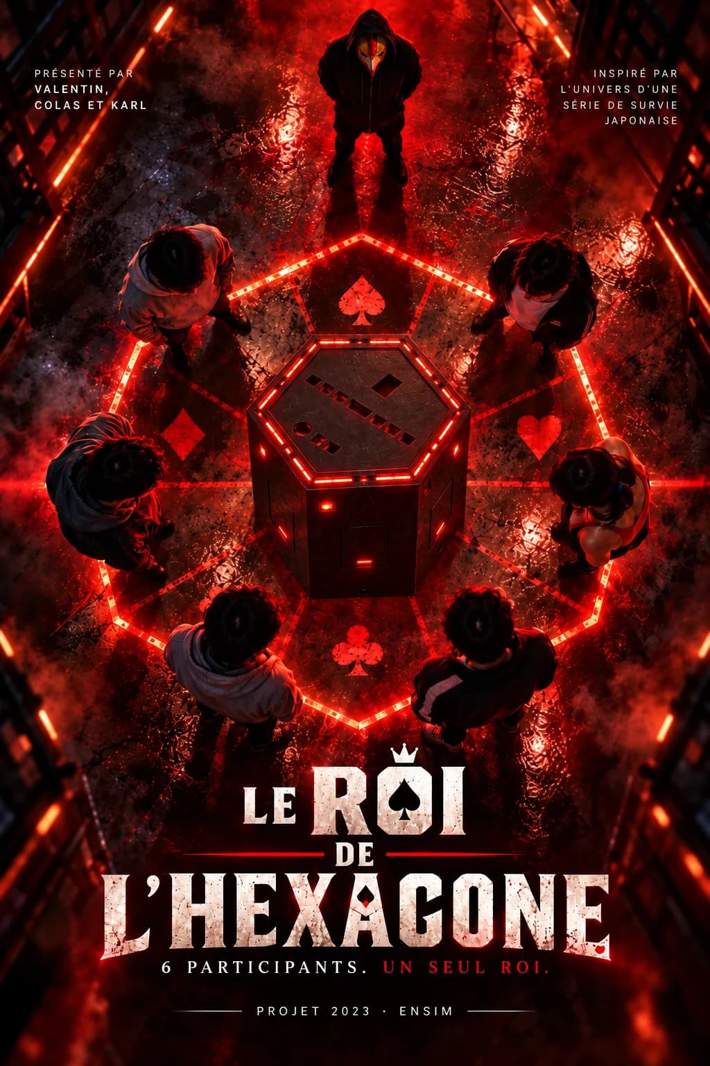 Affiche générée par IA pour le rendu vidéo du Roi de l’Hexagone, montrant six participants autour du jeu et le personnage masqué.