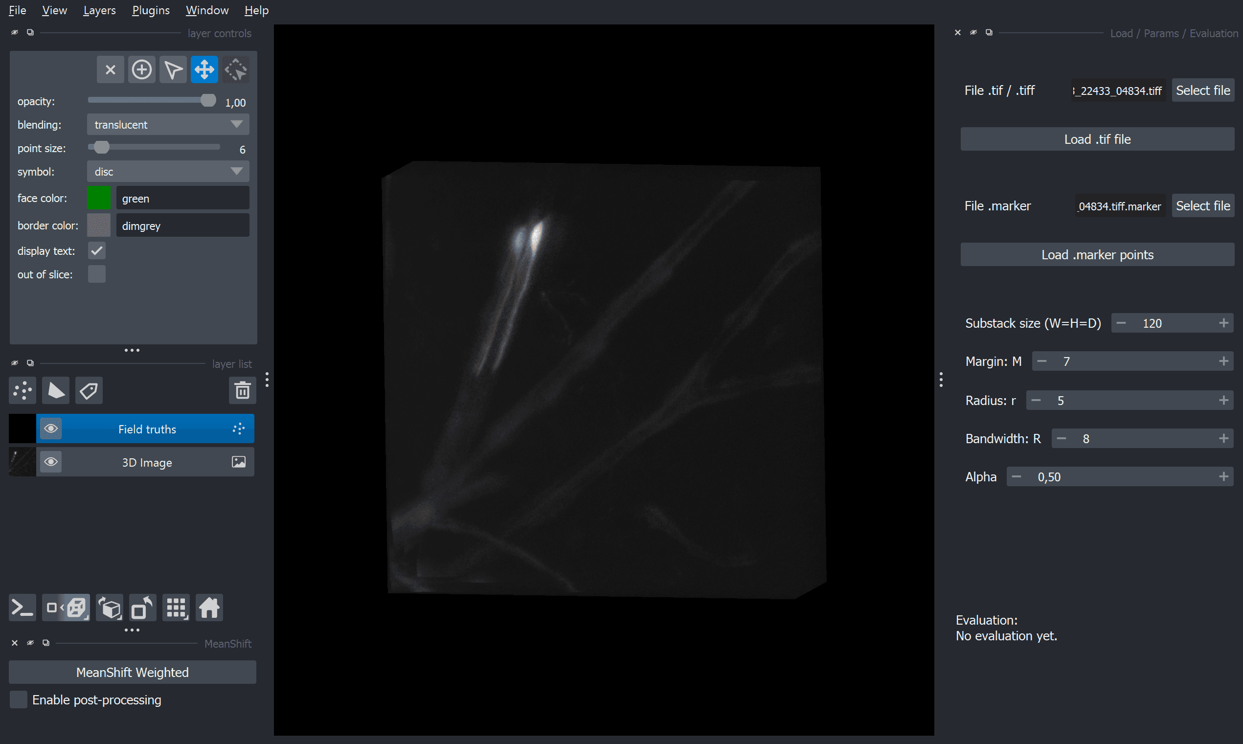 Interface Napari : chargement du volume et des annotations, réglage des paramètres du Mean Shift pondéré et visualisation 3D.